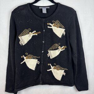 Carroll Reed Black Embroidered Angel Cardigan Beaded Size Medium‎ Holiday Winter